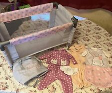 TINY TREASURES DOLL TRAVEL COT PLAYPEN WITH 3 SLEEP OUTFITS UNICORN TEDDY BUNNY  for sale  Shipping to South Africa