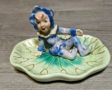 Vintage 2.5" x 4" Ceramic Blue Elf Pixie On Lily Pad Figurine Trinket Tray Dish for sale  Shipping to South Africa