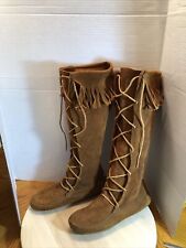 Minnetonka 8 M Brown Suede Knee High Lace Up Fringe FestivalMoccasin Boots Boho, used for sale  Shipping to South Africa