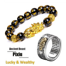 Juegos de Anillo de Pulsera Pixiu Negro Feng Shui Cuentas de Obsidiana Riqueza Buena Suerte Joyería segunda mano  Embacar hacia Argentina