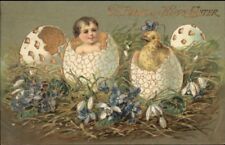 Easter - Baby & Chick Hatching From Eggs GILT FINISH c1910 Postcard for sale  Shipping to United Kingdom