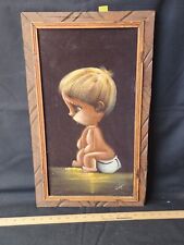 Pintura vintage pensativa de bebê em fralda arte de veludo reparada comprar usado  Enviando para Brazil
