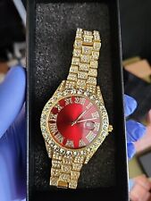 Gold Toned Iced Out (CZ) Stainless Steel Watch W/Red Dial And Iced (CZ) Numerals for sale  Shipping to South Africa