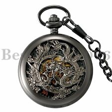 Steampunk Vintage Skeleton Mechanical Windup Pocket Watch Chain Mens Womens, used for sale  Portsmouth