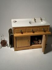 VINTAGE DOLLHOUSE MINIATURE PORCELAIN SINK WITH WOOD CABINET AND ACCESSORIES, used for sale  Shipping to South Africa