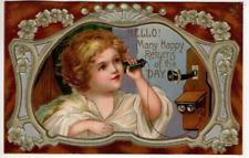 Postal de cumpleaños antigua en relieve 1907 niña por teléfono segunda mano  Embacar hacia Mexico