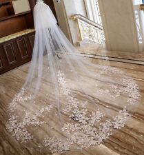 Wedding Bridal Cathedral 300cm Veil Ivory 2T Luxury Floral Pink Lace Soft Tulle, used for sale  Shipping to South Africa