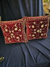 Vtg Red Beaded Pillows Velvet set Gold-Bullion Embroidered Floral Print 1990 Lux for sale  Shipping to South Africa
