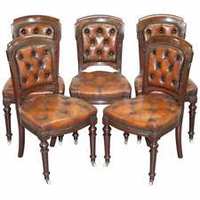 FULLY RESTORED SUITE OF FIVE CHESTERFIELD BROWN LEATHER & MAHOGANY DINING CHAIRS for sale  Shipping to South Africa
