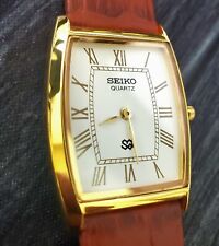 Raro Seiko relógio social masculino cano dourado tanque mostrador branco romano pulseira de couro marrom comprar usado  Enviando para Brazil