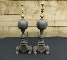 Vintage Pair Large Cast Iron & Brass Andirons Fire Dogs Fireplace Log Holders for sale  Shipping to Ireland