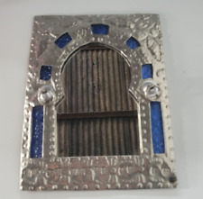 Vintage Silver Metal Framed Arch Wall Mirror Blue Accents Repousse Metal 23.5x30, used for sale  Shipping to South Africa