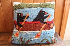 Blk Bears in Canoe Wool Hook Pillow Lake Cabin Camping Woods Cottage Grandpa 14" for sale  Shipping to South Africa