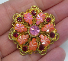 Vintage Pink & Red Rhinestone Lucite Gold Tone Brooch Pin Decorative Jewellery for sale  Shipping to South Africa