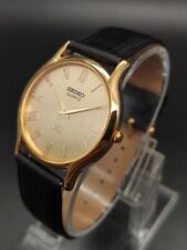 Seiko Slim Quartz Gold Face Black Band New Battery Japanese Men's Wrist Watch for sale  Shipping to South Africa