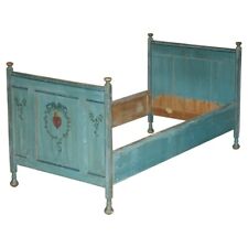 ANTIQUE FRENCH DUCK EGG BLUE HAND PAINTED ORNATELY DECORATED BED FRAME IN OAK, used for sale  Shipping to South Africa
