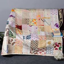 Patchwork Kantha Quilt Handmade White Bedcover Queen Size Throw Vintage Bedsprea, used for sale  Shipping to South Africa