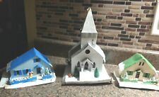 3 Vintage Paper Cardboard Hand Made Christmas Mache House Village Town Church  for sale  Shipping to South Africa