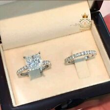 Moissanite Bridal Set Engagement Ring Solid 14K White Gold 3 Carat Princess Cut for sale  Shipping to South Africa