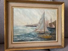MCM Original SIGNED Oil Painting Framed Harbor Ships Boats Seascape Harbor, used for sale  Shipping to South Africa