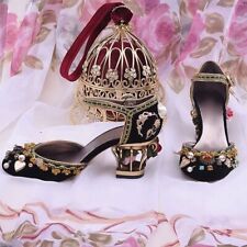 2022 Birdcage Flower Heel Party Shoes Velvet Square Heel Beaded Pumps, used for sale  Shipping to South Africa