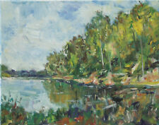 Art Oil Original Painting RM Mortensen Landscape Lake Shore River Nature Trees  for sale  Shipping to Canada