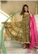 Worn Once, Anarkali Suit Cotton Green Floral Party Wear Indian Outfit for sale  Shipping to South Africa