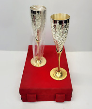2 Brass Silver Plated Engraved Goblet Flute Wine Champagne Glasses w/ Box India for sale  Shipping to South Africa