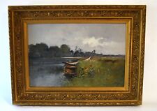 Antique Framed Oil Painting by Eugene Galien-Laloue 1854-1941 Boat River, used for sale  Shipping to South Africa