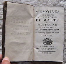 RARE E.O MEMOIRES SERVIR HISTOIRE MALTE JEUNESSE COMMANDEUR ABB PREVOST 2/2 1741, occasion d'occasion  Suresnes