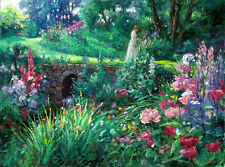 Art Oil painting young lady walk-in-the-garden landscape with spring flowers 36" for sale  Shipping to Canada
