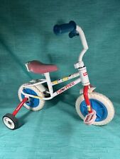 Bicicleta vintage blanca para niños pequeños Fisher Price de 10"" con pegatinas para animales empuñaduras azules segunda mano  Embacar hacia Argentina