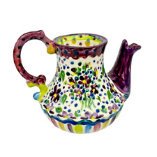 Jarra crema cerámica artística pintada a mano firmada colorida italiana 4,5" segunda mano  Embacar hacia Argentina
