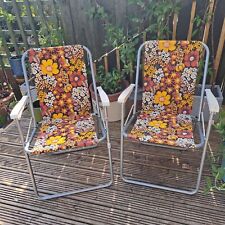Vintage Pair Of 70s Folding Deckchairs Floral Brown Orange RETRO Garden Seat , used for sale  Shipping to South Africa