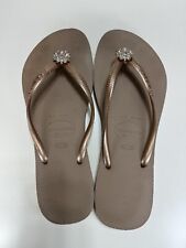 Chinelos Havaianas femininos tamanho 9 sandálias marrons finas flor strass comprar usado  Enviando para Brazil