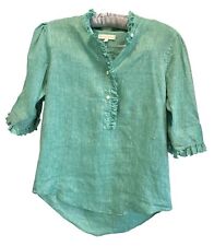 Blusa verde con botones con flecos con flecos de lino de manga corta Ann Mashburn. XS. Usado en excelente estado, usado segunda mano  Embacar hacia Argentina