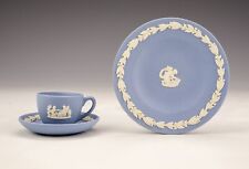Antique Wedgwood Miniature - White On Blue Jasperware Cup, Saucer & Plate Trio for sale  Shipping to Canada