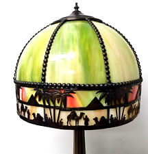 Vintage Art Deco Style Table Lamp Slag Stained Glass Shade Egypt Camels Pyramids for sale  Shipping to Canada
