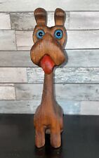Carved Wooden Dog 9.5-in Figure Vtg Long Neck Blue Eyes Floppy Ears Pointy Tail, used for sale  Shipping to South Africa