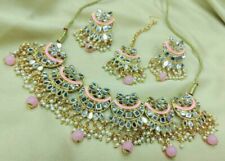 Gold Plated Indian Bollywood Style Glass Kundan Choker Pink Necklace Jewelry Set for sale  Shipping to South Africa