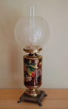 Antique etched glass shade oil lamp, cast metal base, porcelain 1890's d'occasion  Expédié en Belgium