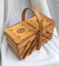 Used, Vintage Carved Wood Bamboo Cantilever Sewing Box Crafts Handle Basket & Contents for sale  Shipping to South Africa