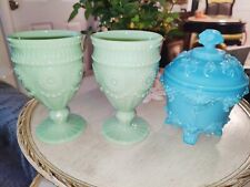 Used, Portieux Vallerysthall Opaline Turquoise Blue Milk Glass & 2 Jade Green Goblets for sale  Shipping to South Africa