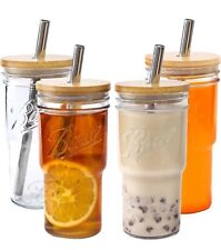 Paquete de 4 vasos de vidrio batido Boba reutilizable de 22 oz con tapa de bambú y paja segunda mano  Embacar hacia Argentina