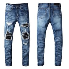 Men's rasgado Patchwork Skinny Fit plissada azul Denim Stretch Jeans Desgastado comprar usado  Enviando para Brazil