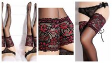 Used, Black Thigh High Stockings Hold-ups Cuban Heel Back Seam Lace Up Wide Floral Top for sale  Shipping to South Africa