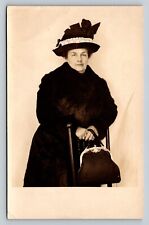 Used, Woman In Fur Coat Poses W/ Purse & Hat - Velox 1907-1914 Antique RPPC Postcard for sale  Shipping to South Africa
