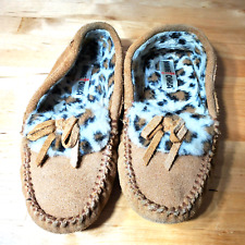 Minnetonka Women’s Brown Suede Leopard Faux Fur Lined Moccasin Slippers Size 6 for sale  Shipping to South Africa