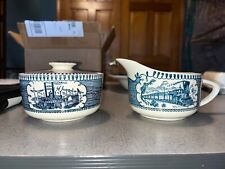 Vintage Currier & Ives Creamer and Sugar Bowl with Lid Blue for sale  Lisle