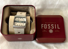 Fossil Men's Watch- White Distressed Leather Band, Silver & Green Face- w/Tin for sale  Shipping to South Africa